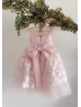White Floral Appliques Pink Tulle V Back Flower Girl Dress